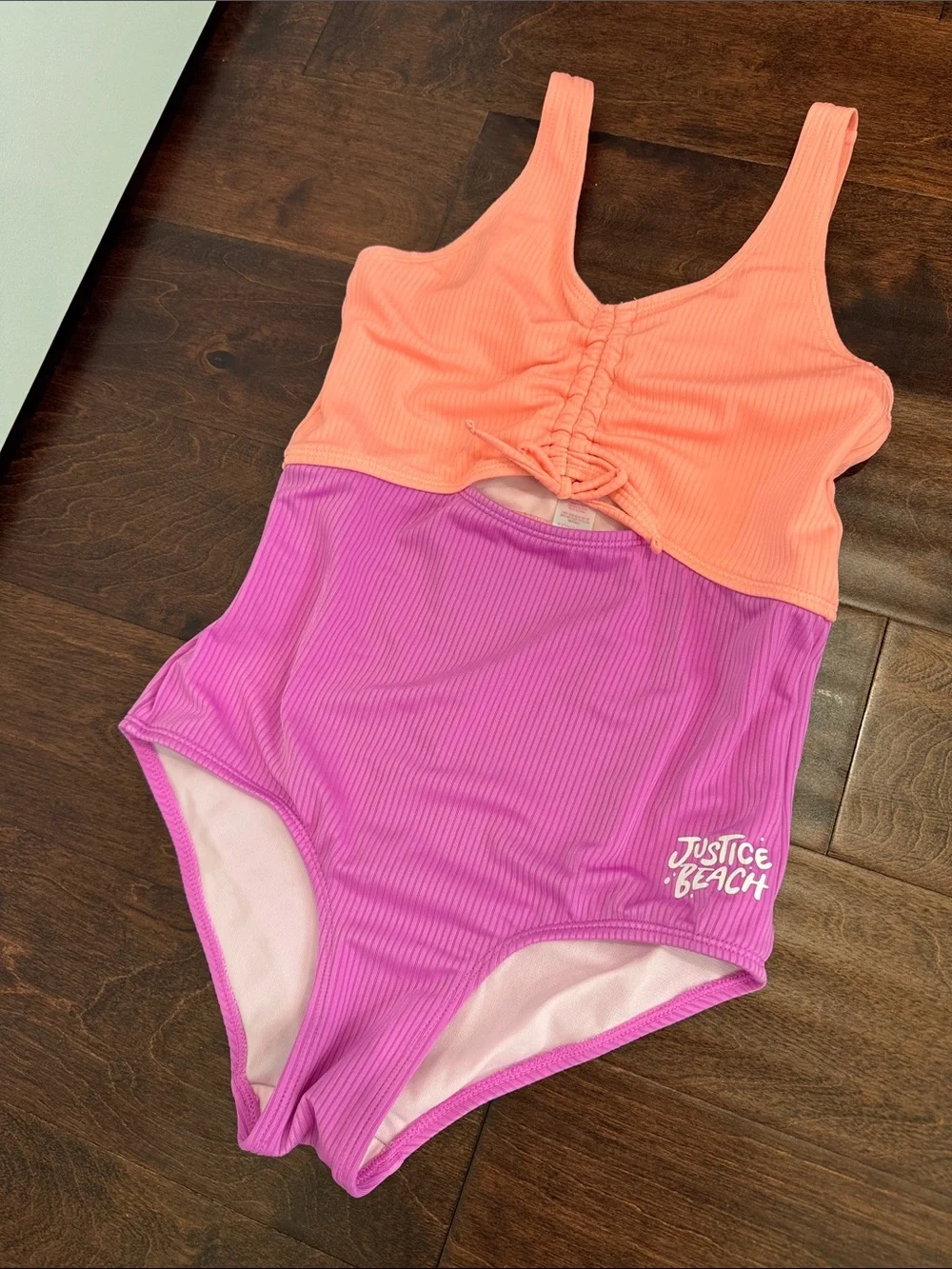Justice Girls One-Piece Swimsuit Bathing Suit Neon Coral Fuchsia, Girls XL/16-18